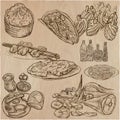 Food around the World - vector set. Hand drawn. Royalty Free Stock Photo