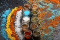 Food art concept. Glass jars with paprika, mustard and oregano Royalty Free Stock Photo