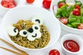 Food art idea for kids - bear pasta from yakisoba, olive and tofu cheese