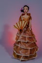 Food art image. The doll is dressed up with Spanish Iberico Ham, which looks like a flamenco dress and using a fan of manchego che