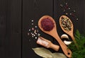 Assortment of spices ,on a woden black background, top view, horizontal, no peope,