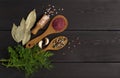 Assortment of spices ,on a woden black background, top view, horizontal, no peope, Royalty Free Stock Photo