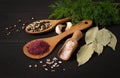 Assortment of spices ,on a woden black background, top view, horizontal, no peope,