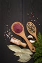 Assortment of spices ,on a woden black background, top view, horizontal, no peope,