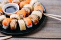 Food assortment of sushi rolls, selective focus Royalty Free Stock Photo