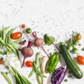 Food background. Assortment of fresh vegetables on a light background - zucchini, eggplant, peppers, beets, tomatoes, green Royalty Free Stock Photo