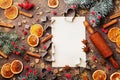Food background for baking gingerbread cookies with cutters, rolling pin and spices on table top view. Christmas recipe. Royalty Free Stock Photo