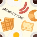 Food background. Breakfast time: fried eggs, sausages, coffee, bread with cheese, croissant, waffles Royalty Free Stock Photo