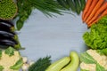 Food background with copy space for text. Fresh organic vegetables: carrots, zucchini, eggplants, garlic, peas, basil, dill, onion
