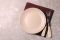 Empty vintage ceramic plate, cutlery, napkin. Top view, copyspace.