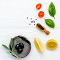 Food background with fresh herbs tomato ,lemon slice , black pe Royalty Free Stock Photo