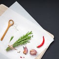 Food background with greens herbs and spices Royalty Free Stock Photo