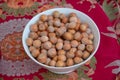 Food background. Hazelnuts texture. Top view . Hazelnut Nut Health Organic Brown Filbert Autumn Background Concept