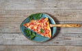 Food background with homemade pizza with tomatoes, cheese, sausage. Simple summer food.Sliced slice of pizza on a plate on a