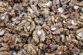 Lots of shelled walnuts. Food background. Close-up. Selective focus Royalty Free Stock Photo