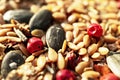 Food background of a mix of spices, condiments and seeds close-up with selective focus, golden flax seeds, pumpkin seeds, red