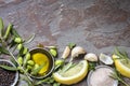 Food Background with Olives, Oil, Lemon, Garlic, Herbs and Spice