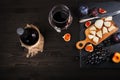 Food background with red wine, figs, grapes and cheese Royalty Free Stock Photo
