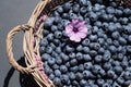 Food background. Ripe blueberries in rustic basket on stone table . Closeup, top view, sharp shadows