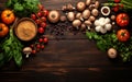 Food background. Rustic wooden board. Vegetables mushrooms roots spices - ingredients for vegan cooking. Healthy eating diet Royalty Free Stock Photo