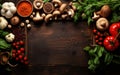 Food background. Rustic wooden board. Vegetables mushrooms roots spices - ingredients for vegan cooking. Healthy eating diet Royalty Free Stock Photo