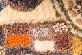 Food background. Stylized food map of various Legumes, sereals, beans, grain and seeds. Kind of lentils, bulgur, mash, chickpeas,