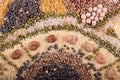 Food background. Stylized food map of various sereals, beans, grain and seeds. Kind of lentils, bulgur, mash, chickpeas, sunflower