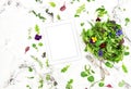 Food background tablet salad herbs flowers Digital recipe book Royalty Free Stock Photo