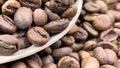 Food background texture of roasted coffee beans with a full shovel. A pile of scattered aromatic roasted brown coffee Royalty Free Stock Photo