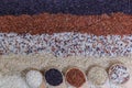 Food background with top view of five rows of rice in a wooden spoon