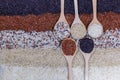 Food background with top view of five rows of rice in a wooden spoon