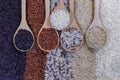 Food background with top view of five rows of rice in a wooden spoon