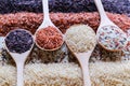 Food background with top view of four rows of rice in a wooden spoon