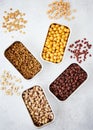 Food Background, Variety cooked legumes, red and white beans, lentils, chickpeas. Vegan food concept. Macrobiotic diet. Gluten