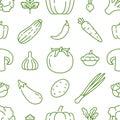 Food background, vegetables seamless pattern. Healthy eating - tomato, garlic, carrot, pepper, broccoli, cucumber line