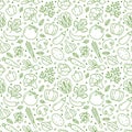 Food background, vegetables seamless pattern. Healthy eating - tomato, garlic, carrot, pepper, broccoli, cucumber line