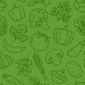 Food background, vegetables seamless pattern. Healthy eating - tomato, garlic, carrot, pepper, broccoli, cucumber line