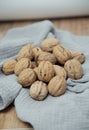 Food background. Walnut kernels close-up.