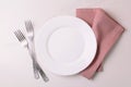 Food background. White empty plate, cutlery, napkin. Top view, c