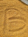 Food background of yellow mustard seeds, top view. Capital letter B