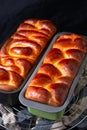 Food bakery concept Fresh baked brioche Braided Bread loaf with copy space Royalty Free Stock Photo