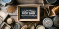 Food Bank Sign surrounded by donated food items Royalty Free Stock Photo