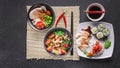 Food banner Chinese and vietnamese cuisine set. Various of asian assorted dishes on gray background. Top view Royalty Free Stock Photo