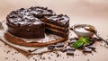 Food banner. Chocolate cake with salted caramel on a beige background. Homemade delicious pastries. Sweet dessert