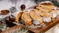 Food banner. Christmas stollen on a cutting board. Wooden white table background. Traditional Christmas pastry with marzipan, nuts Royalty Free Stock Photo