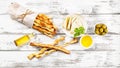 Food banner. Crispy grissini breadsticks. Traditional Italian wheat bread with garlic, cheese and sesame seeds. Food still life