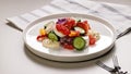 Food banner. Delicious and healthy salad. Smoked trout, grapefruit, fresh cucumber, purple Chinese cabbage, goat cheese and sweet Royalty Free Stock Photo