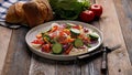 Food banner. Delicious and healthy food. Salad with smoked trout, grapefruit, fresh cucumber, purple Chinese cabbage sweet peppers Royalty Free Stock Photo