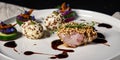 Food banner format. Close-up meat with puffed rice. Dish of authors cuisine. Turkey meat recipe from a restaurant