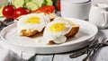 Food banner format. Fried eggs with cheese and tomatoes on a croissant on a white plate. Morning still life. Tasty breakfast